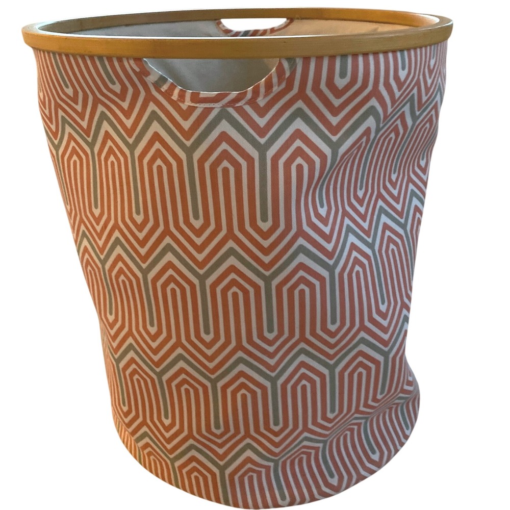 Geometric Chevron Laundry Hamper Orange Grey Bamboo Rim Collapsible Storage Bin